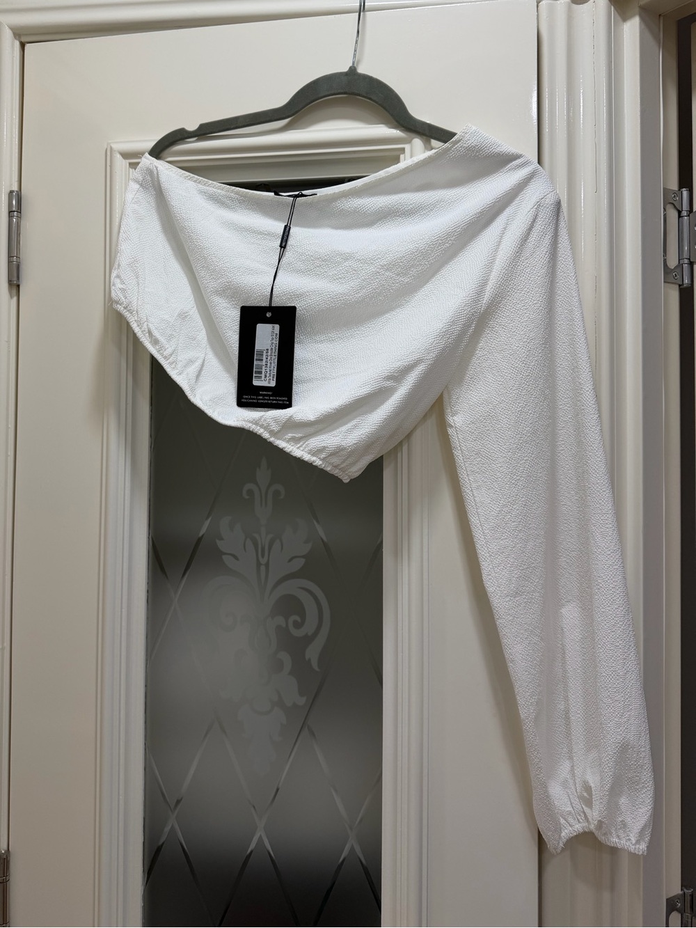 White Textured crop One-Shoulder top with Long Sleeve